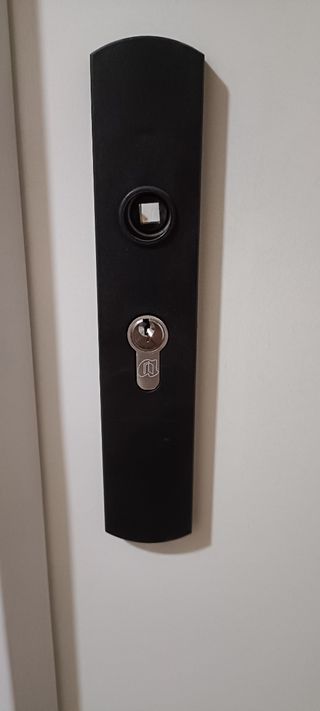Puerta exterior blanca con rejillas