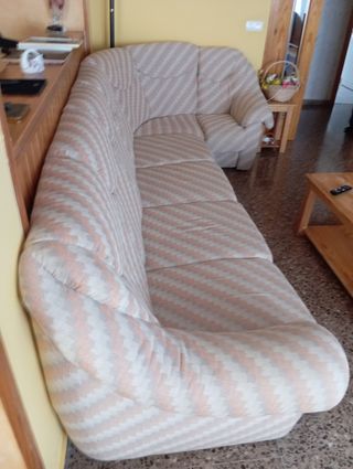 Sofá rinconera tela gris y rosa