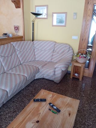 Sofá rinconera tela gris y rosa