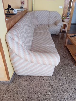 Sofá rinconera tela gris y rosa