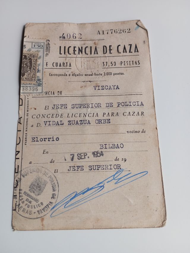Licencia de Caza Vizcaya 1954