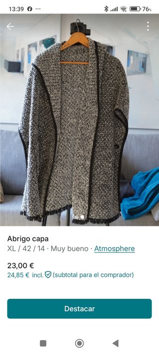 Abrigo capa lana gris/negro Atmosphere XL