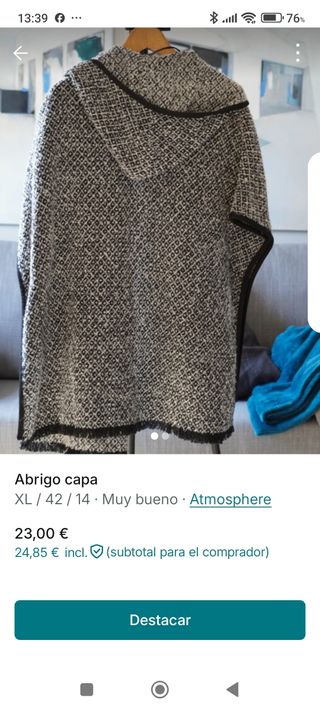 Abrigo capa lana gris/negro Atmosphere XL