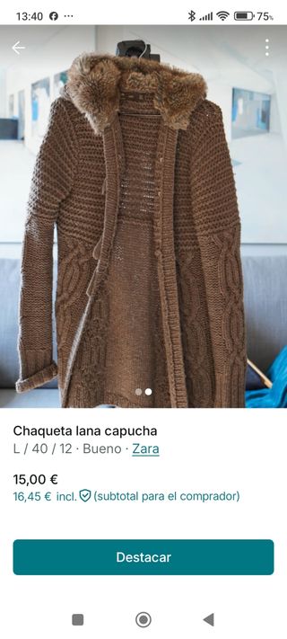 Chaqueta lana Zara capucha marrón Talla L