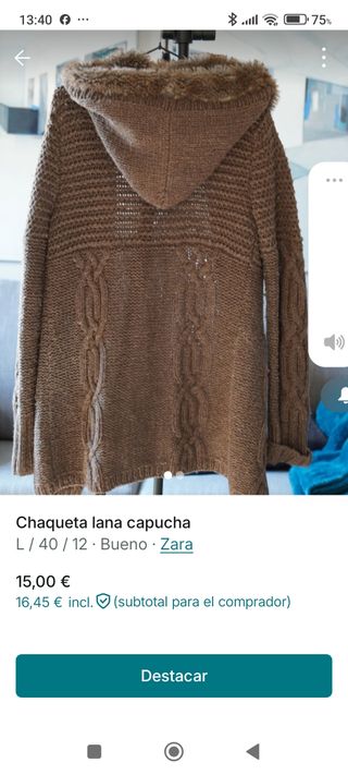 Chaqueta lana Zara capucha marrón Talla L