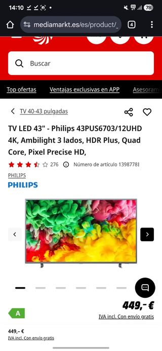 TV Philips 43 4K Ambilight 43PUS6703