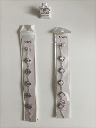 Pulsera trébol plata y plateada blanco