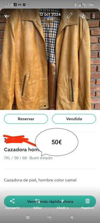 Cazadora de piel hombre camel 7XL