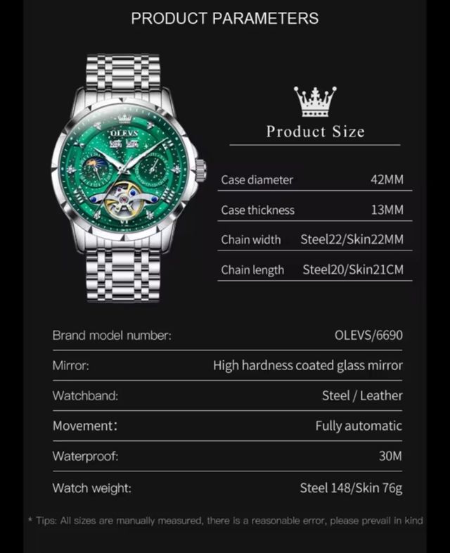 Reloj OLEVS Automático Verde y Plateado