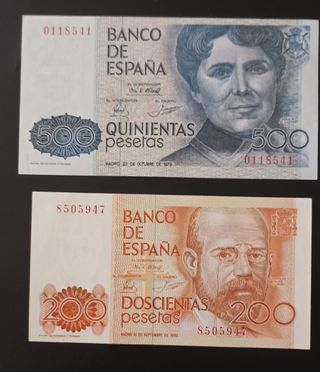 Lote 2 Billetes Españoles: 500 y 200 Pesetas