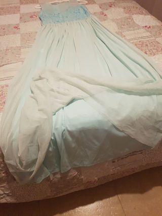Vestido Maribel Ruiz boda azul con fular y lazo 
