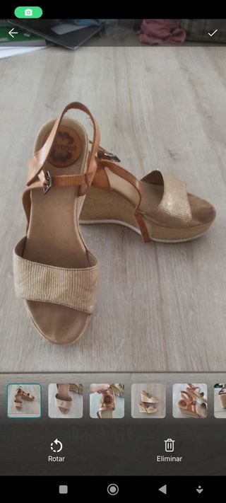 Sandalias cuña mujer Porronet beige y dorado