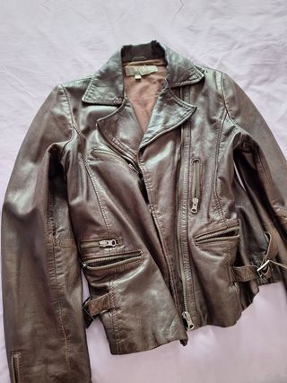 Chaqueta Biker Cuero Marrón Cremalleras