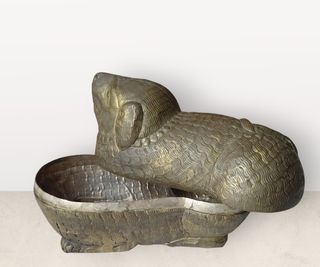 Caja antigua perro león Foo Khmer plata latón