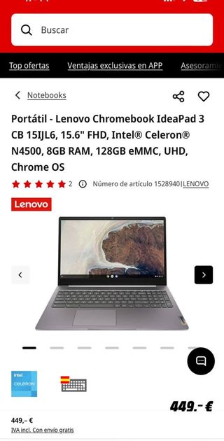 Lenovo Chromebook IdeaPad 3 Intel 128GB  15.6FHD