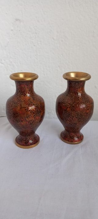 Coppia Vasi Cinesi Cloisonné Marrone Oro