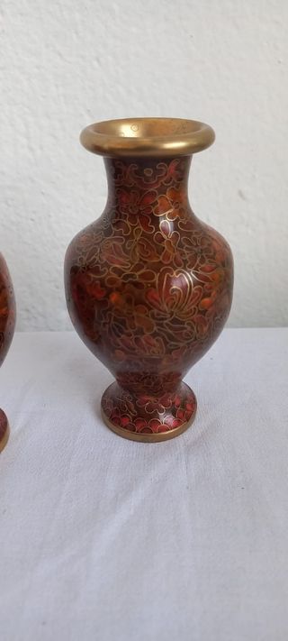 Coppia Vasi Cinesi Cloisonné Marrone Oro