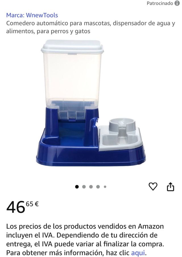 Comedero dispensador de comida y agua para mascota