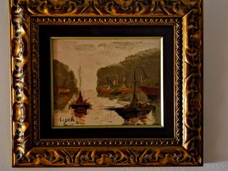 Cuadro Óleo Antiguo Barcos Puerto