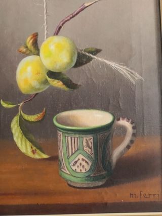 Cuadro Óleo Antiguo Frutas y Taza