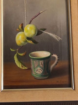 Cuadro Óleo Antiguo Frutas y Taza