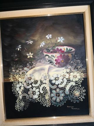 Cuadro Óleo Flores y Encaje Antiguo