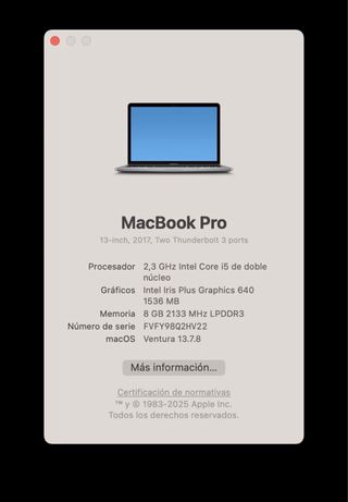 MacBook Pro 13 2017 i5 8 GB RAM 128 GB, macOS Ventura