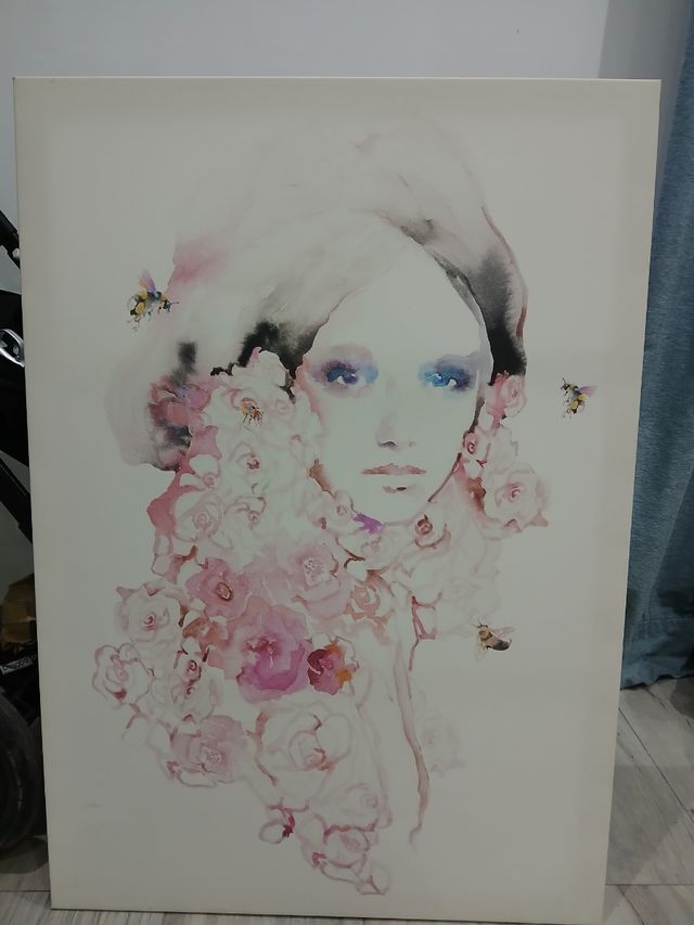 Quadro di donna e fiori dipinto a mano