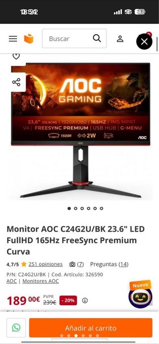 Monitor AOC Curvo 24 165Hz 1ms
