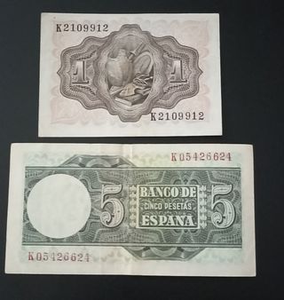 Billetes antiguos 1 y 5 Pesetas