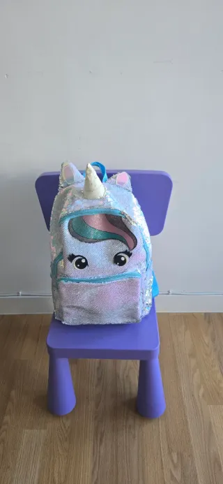 Mochila Unicornio Lentejuelas Celeste y Plateada.