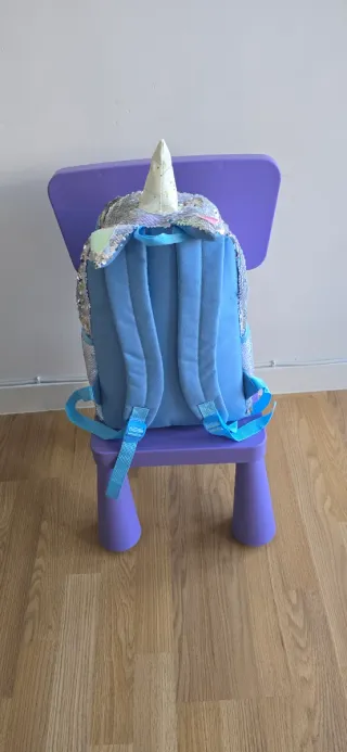 Mochila Unicornio Lentejuelas Celeste y Plateada.