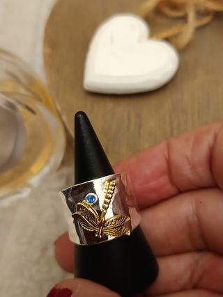 Anillo libélula y espiga plata y oro
