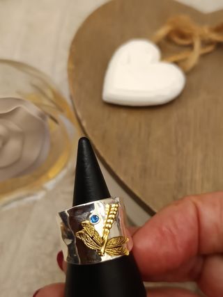 Anillo libélula y espiga plata y oro
