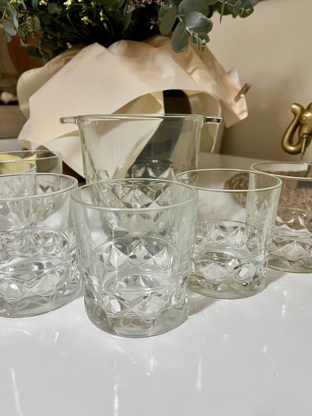 6 Vasos Whisky Cristal Brocados + Cubitera