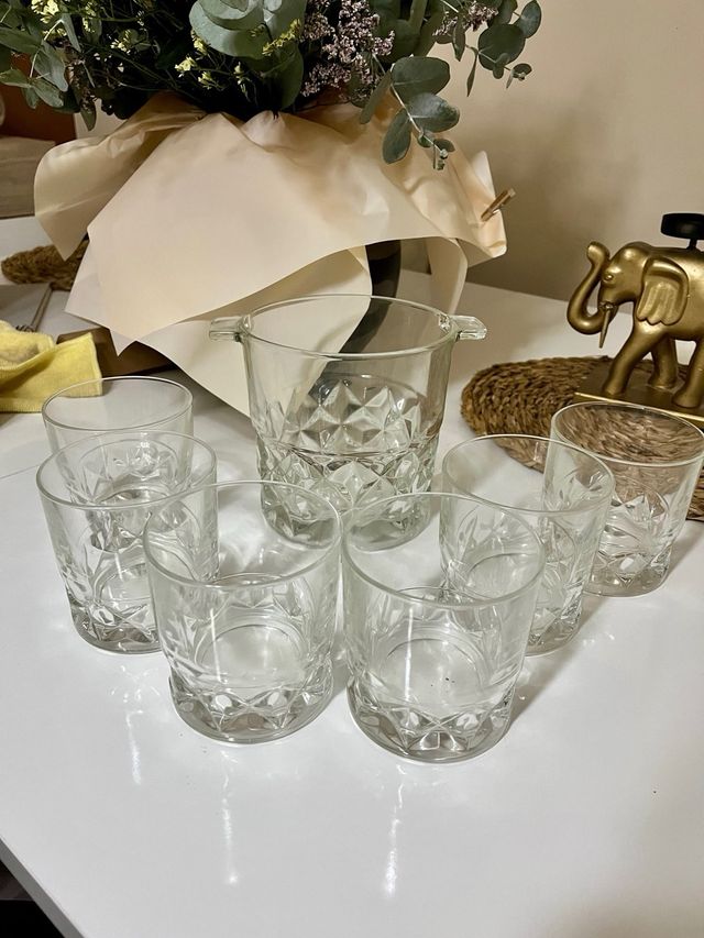 6 Vasos Whisky Cristal Brocados + Cubitera