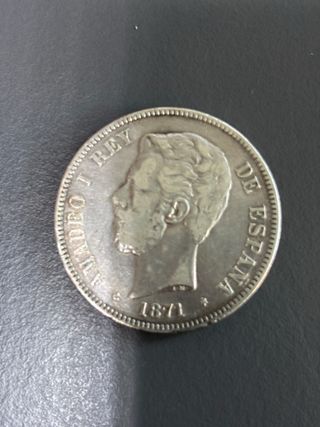 Moneda 5 Pesetas Plata 1871 Amadeo I Rey