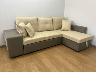 Sofa Cama moderno Con Arcon y Puff - Beige y Gris 
