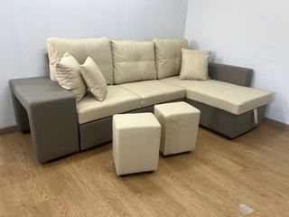 Sofa Cama moderno Con Arcon y Puff - Beige y Gris 