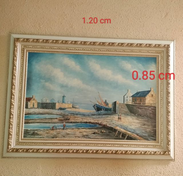 Cuadro Óleo Antiguo Pueblo Marinero