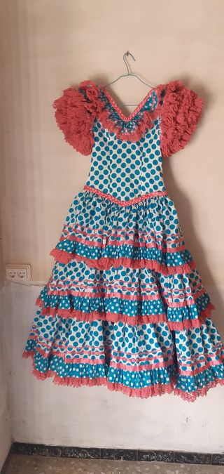Vestido Flamenca/Sevillana Lunares Azul/Rosa