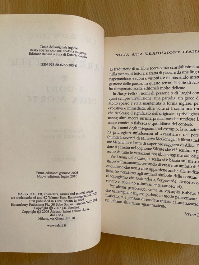 Harry Potter ultimi due volumi vecchia traduzione