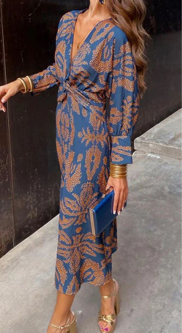 Vestido fiesta azul y dorado