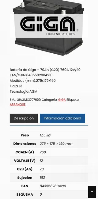 Batería año 2024 AGM GIGA 70Ah