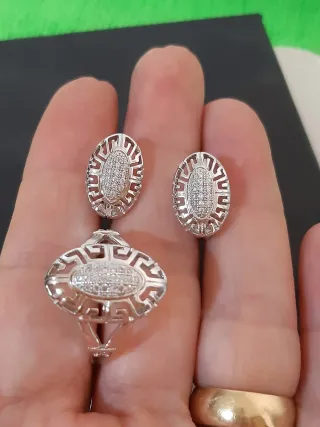 Conjunto Anillo 9 y Pendientes baño de oro blanco 