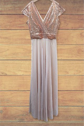 Vestido largo lentejuelas y tul beige/dorado