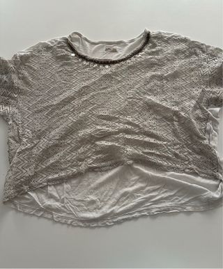 Camiseta mujer encaje beige y blanco