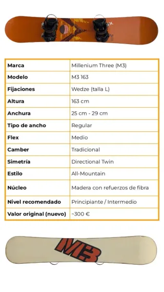 Tabla Snowboard 163 cm Regular con Fijaciones - M3
