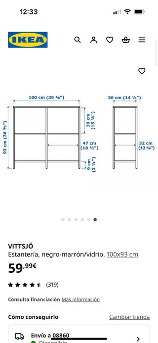 Estantería IKEA VITTSJÖ Negra/Vidrio 100x93cm