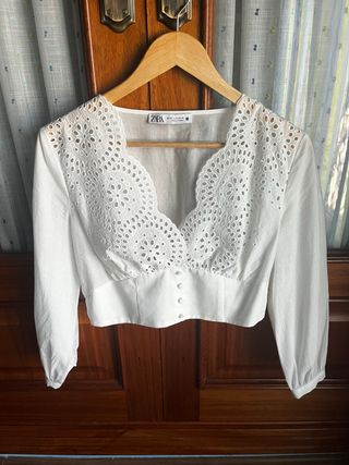 Blusa Zara Blanca Brocada Manga Larga